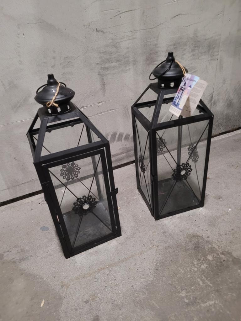 Set van 2 zwarte metalen lantaarns met glas, Ophalen, Zo goed als nieuw, Modern, Industrieel, Landelijk