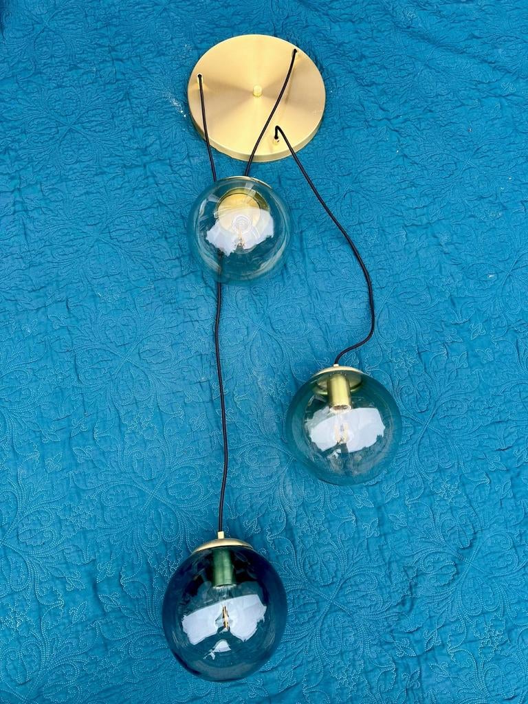 Vintage Art Deco Hanglamp Messing met Gekleurde Bollen, Huis en Inrichting, Lampen | Hanglampen, Gebruikt, Ophalen of Verzenden