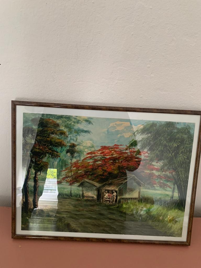 Ingelijste aquarel van tropisch landschap, Antiek en Kunst, Kunst | Schilderijen | Klassiek, Ophalen of Verzenden