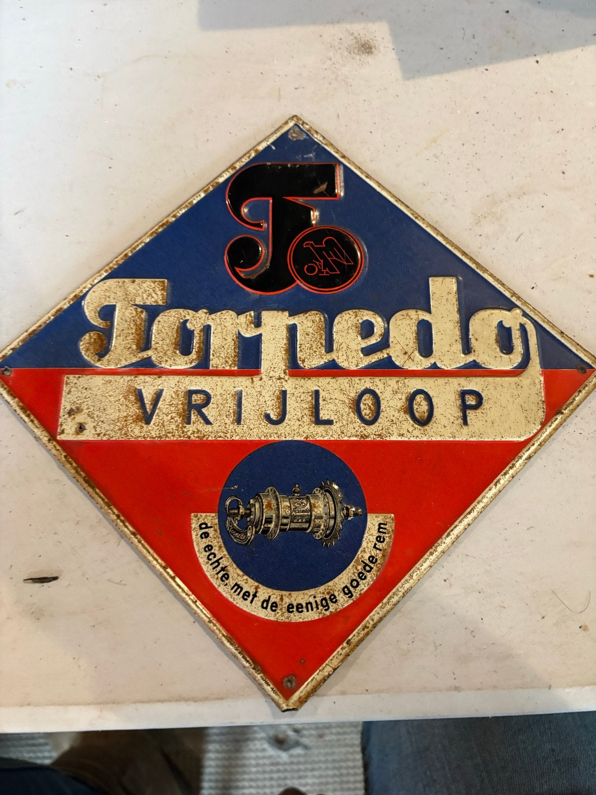 Vintage Blik Torpedo Vrijloop Reclamebord Emaille, Ophalen of Verzenden, Gebruikt, Reclamebord