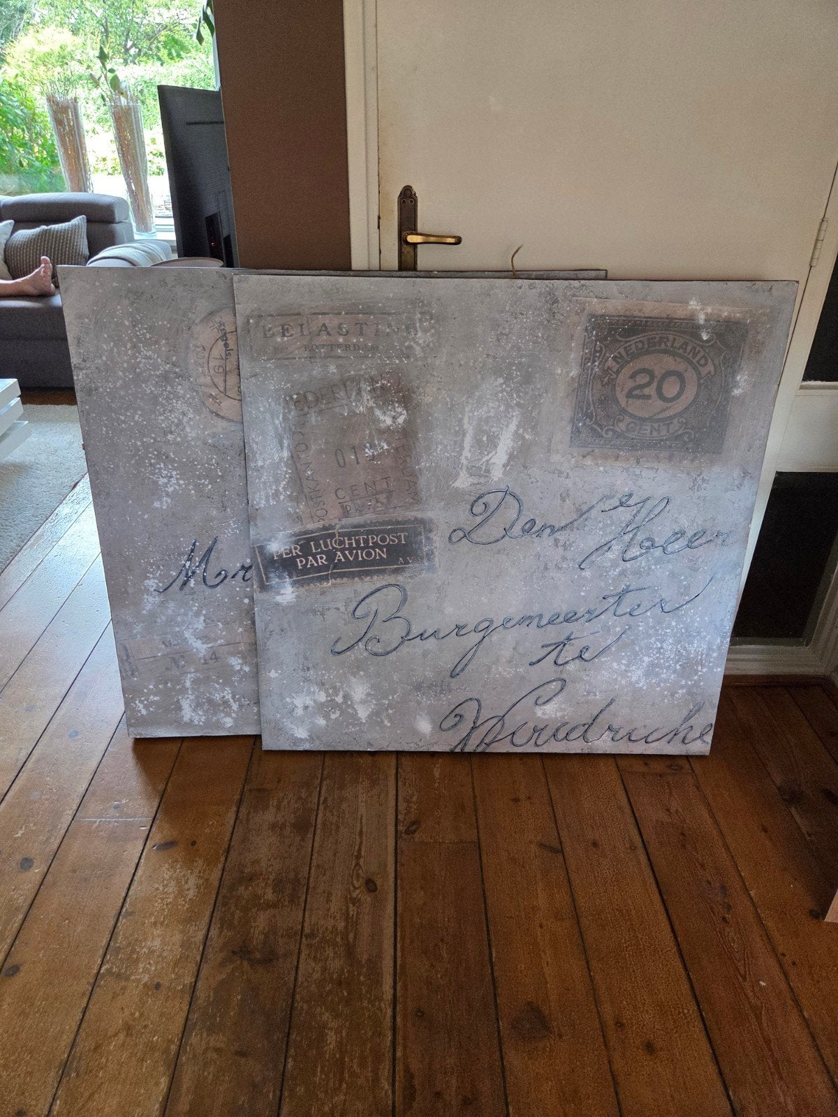 Set van 2 Canvas Schilderijen met Vintage Postzegel Design, Antiek en Kunst, Kunst | Schilderijen | Modern, Ophalen