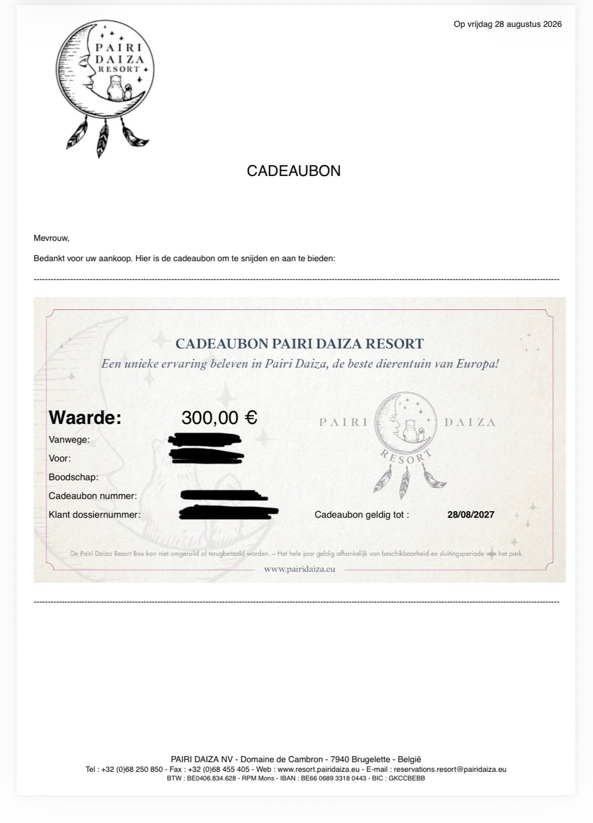Pairi Daiza cadeau bon, Eén persoon, Cadeaubon