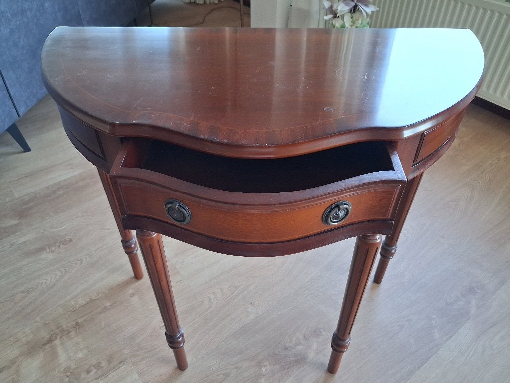 Halvemaanvormige mahoniehouten consoletafel met één lade, Antiek en Kunst, Ophalen