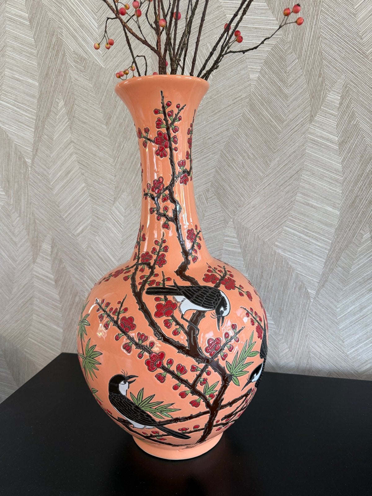 Des Pots vaas 56 cm hoog met vogel- en bloesemdecor, Ophalen