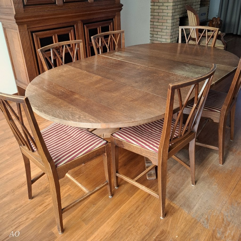 Grote ovale eetkamertafel, 4-spants met 6 iepen stoelen, Ophalen