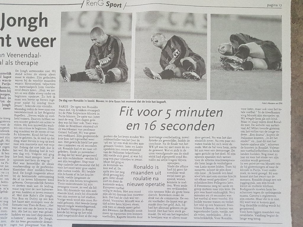 Voetbal: Rentree Ronaldo uitgevallen bij Inter (2000), Verzamelen, Ophalen of Verzenden, 1980 tot heden, Knipsel(s)