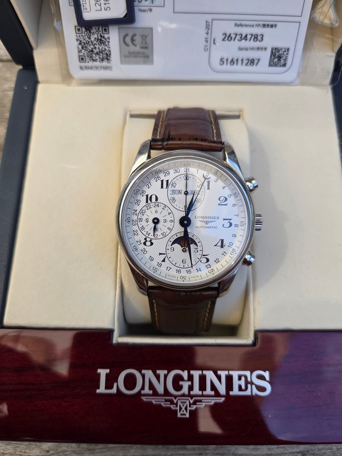 Longines Master Collection Chronograaf Maanfase Automaat, Overige merken, Leer, Polshorloge, Ophalen of Verzenden