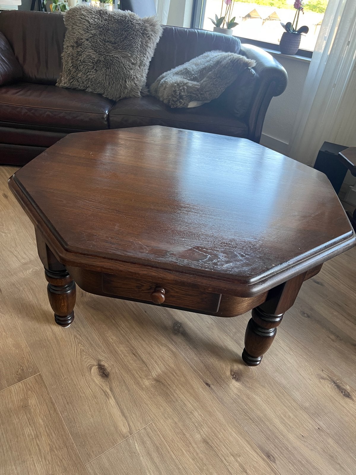 Eikenhouten 6-hoekige salontafel - 100cm doorsnede, Ophalen, Gebruikt, 100 tot 150 cm, Eikenhout
