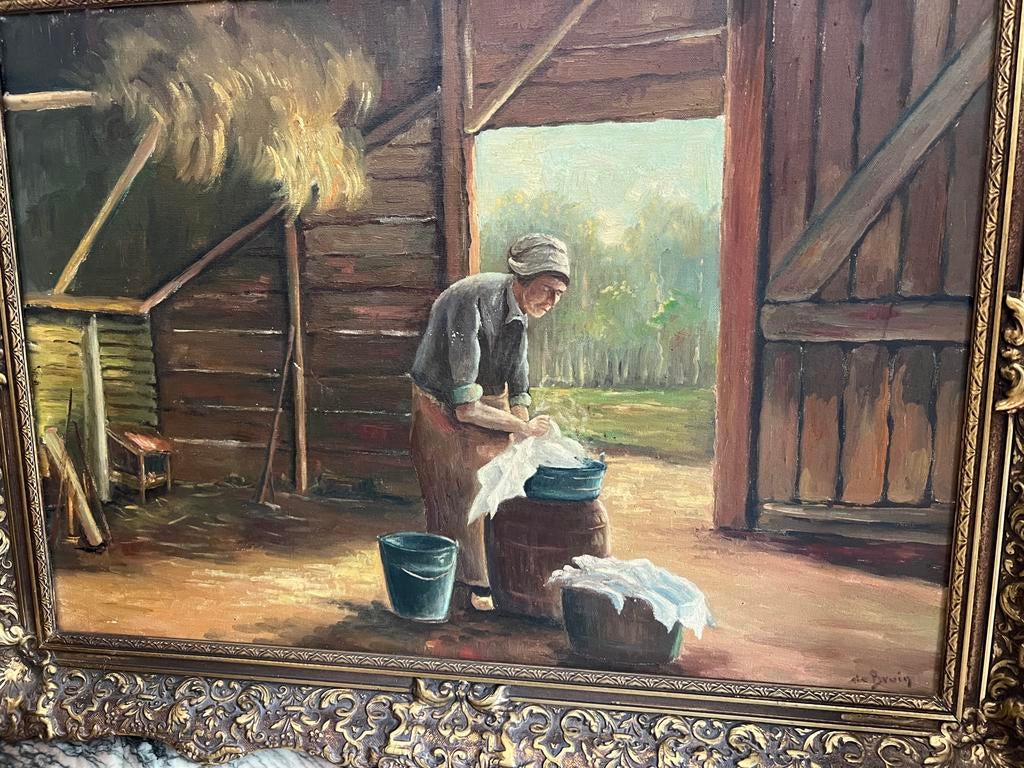 Olieverfschilderij in sierlijst – landelijk tafereel, Ophalen of Verzenden
