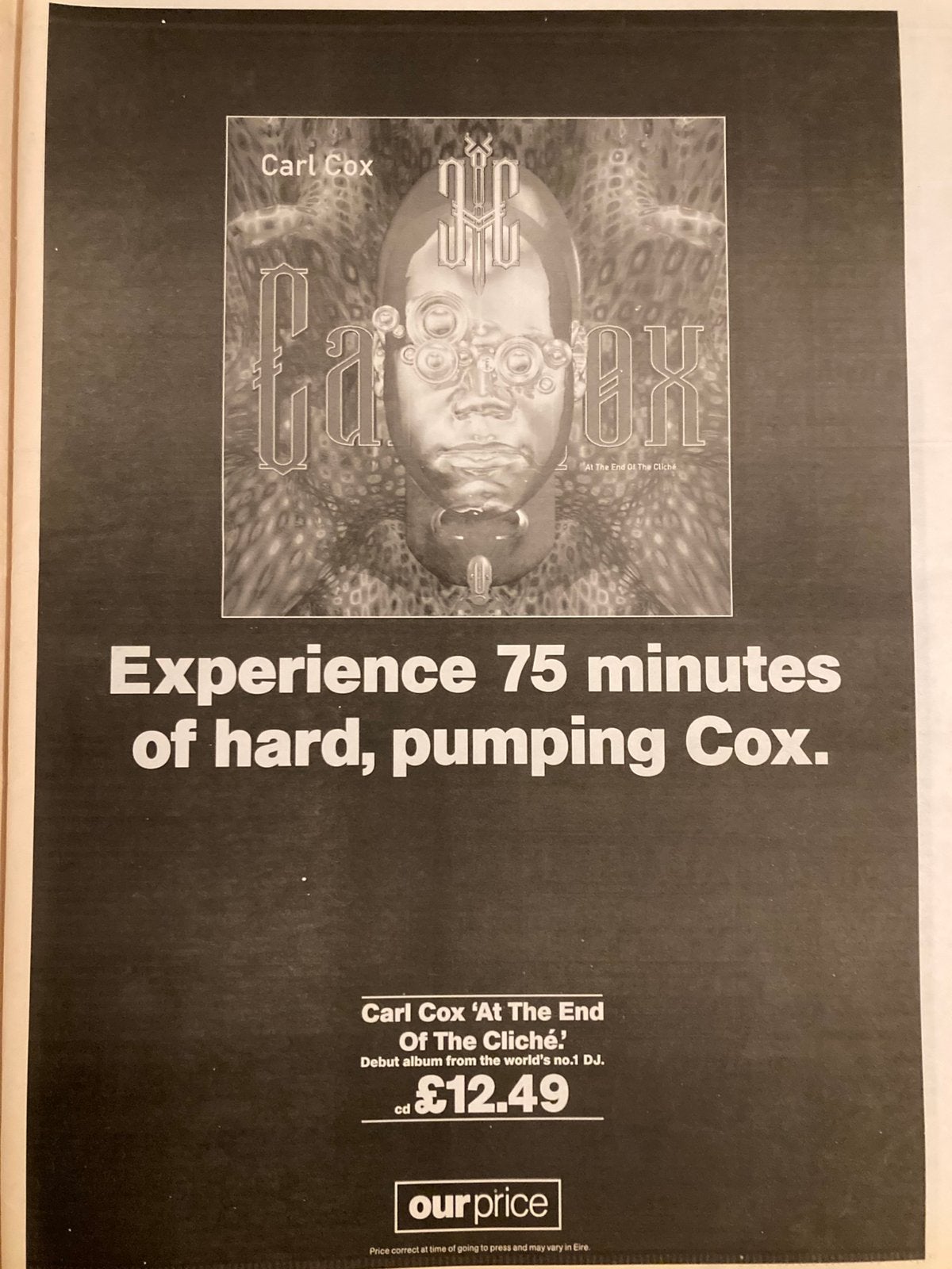 CARL COX At The End Of The Cliche A3 advertentie, Ophalen of Verzenden, Zo goed als nieuw, Disco