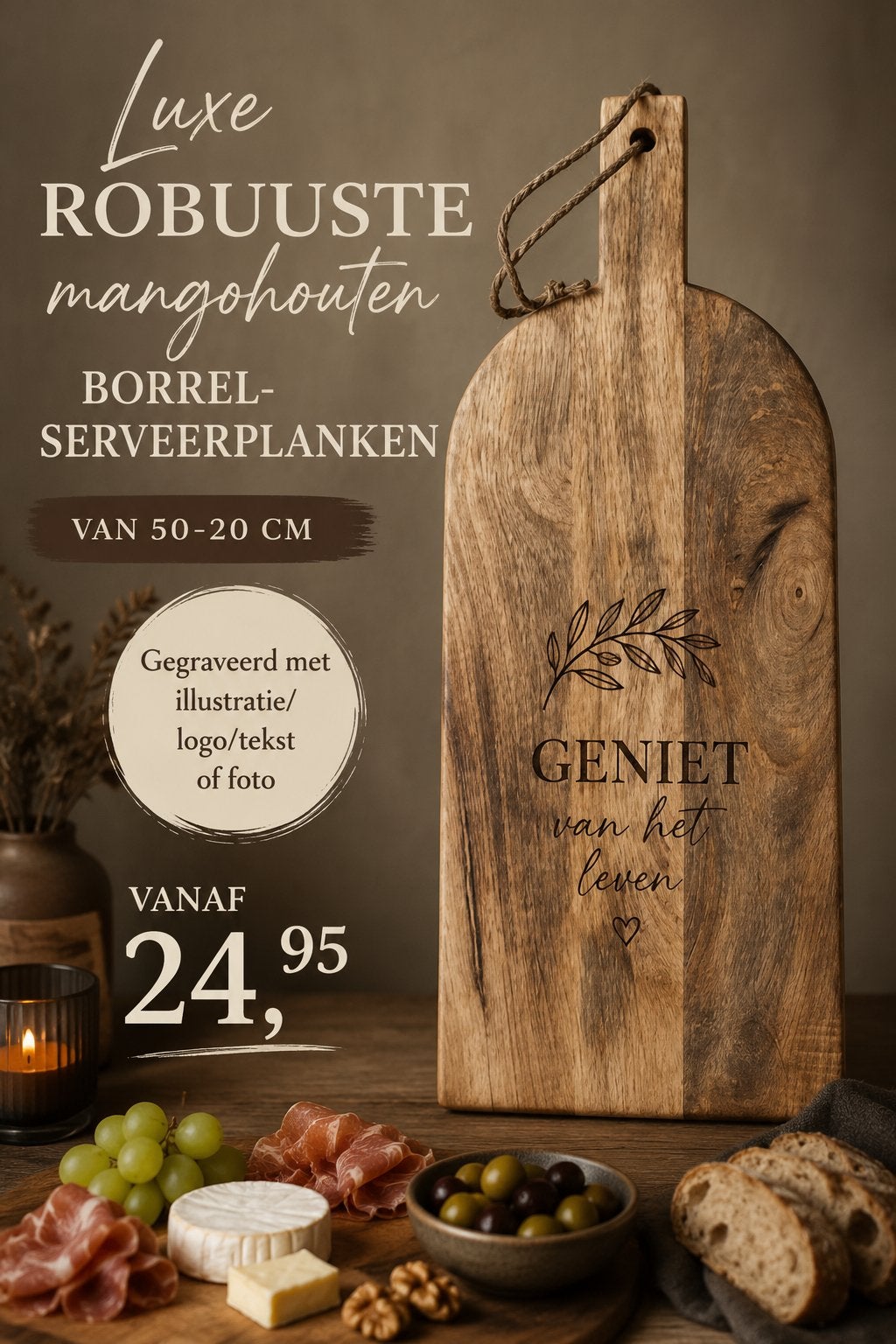 Luxe houten borrel serveer plank met gravure., Ophalen of Verzenden, Nieuw