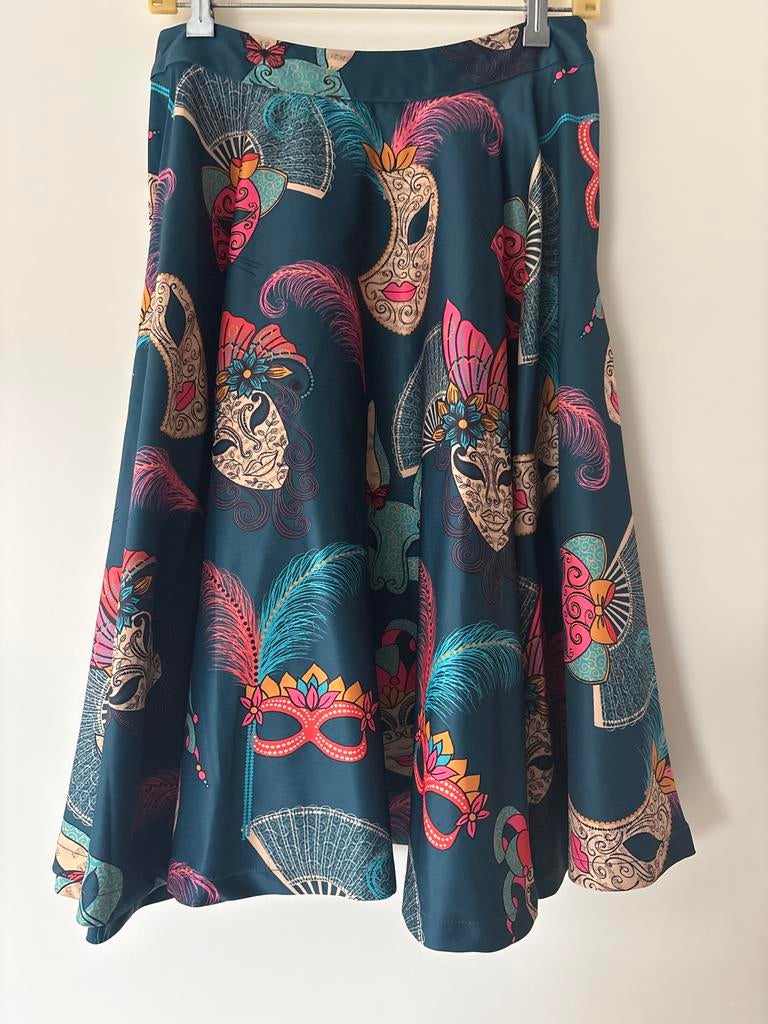 Lindy Bop rok met Venetiaans maskerprint, Kleding | Dames, Maat 38/40 (M), Blauw, Ophalen of Verzenden, Zo goed als nieuw