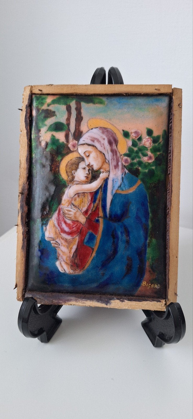 Oude religieuze afbeelding Maria met kind, gesigneerd, Ophalen of Verzenden