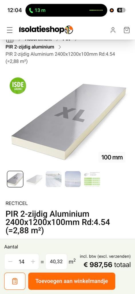 14 platen PIR isolatie (recticel) 100mm, Ophalen of Verzenden, Zo goed als nieuw, Hardschuim (Pir), 15 m² of meer