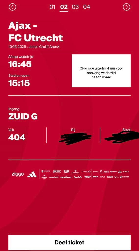 2 tickets Ajax vs Fc Utrecht, Twee personen, Mei