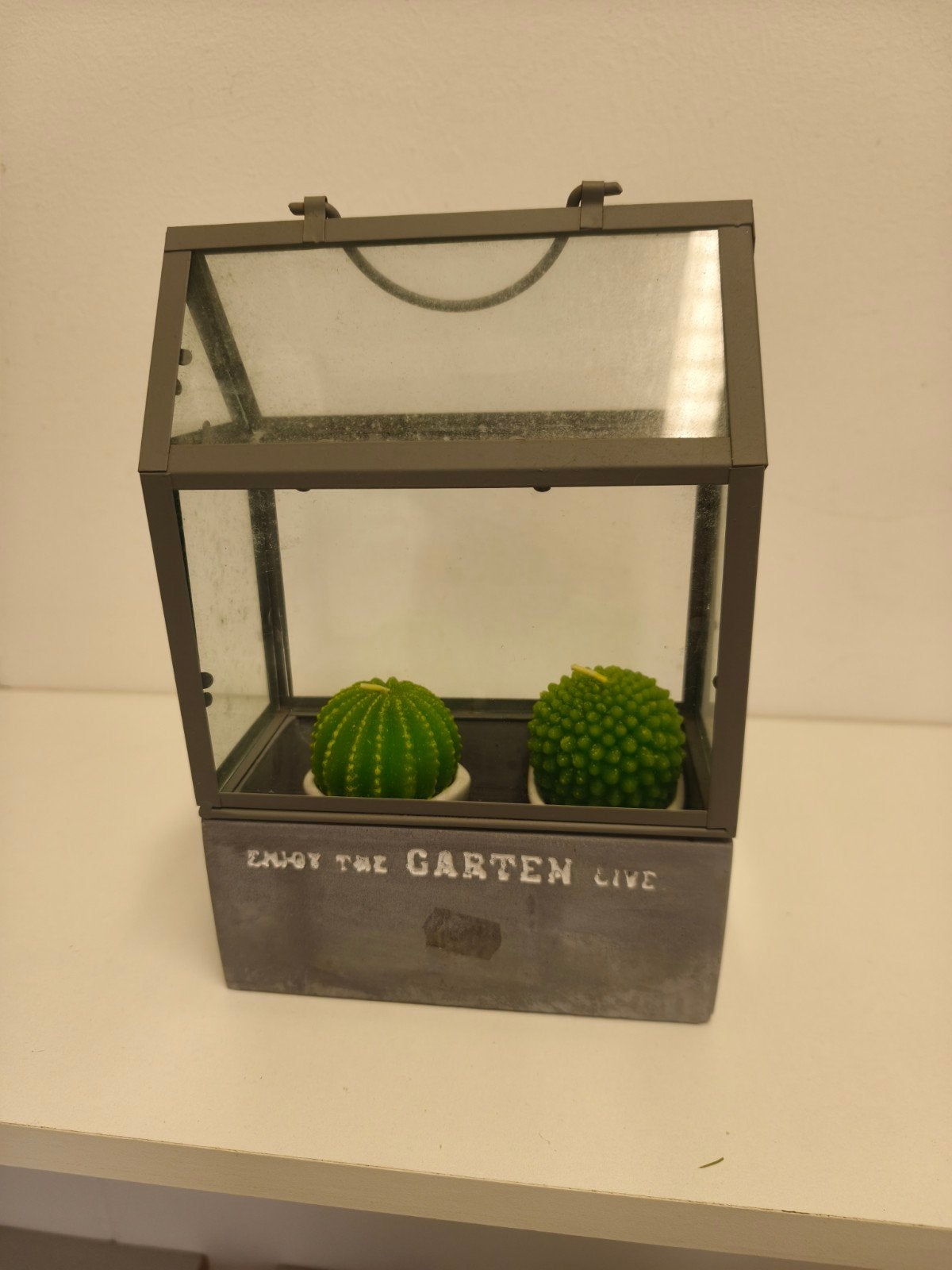 Minikasje met nep cactussen (ook voor echte plantjes), Gebruikt, Ophalen of Verzenden, Grijs, Metaal