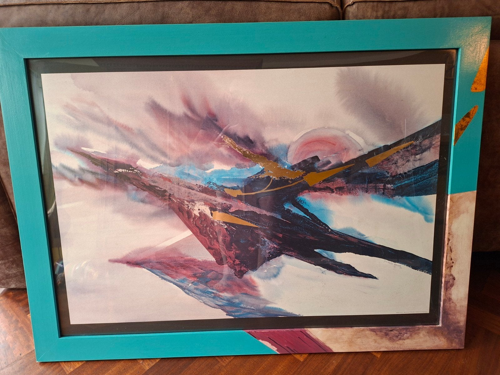 Abstract kunstwerk in turquoise lijst, Ophalen