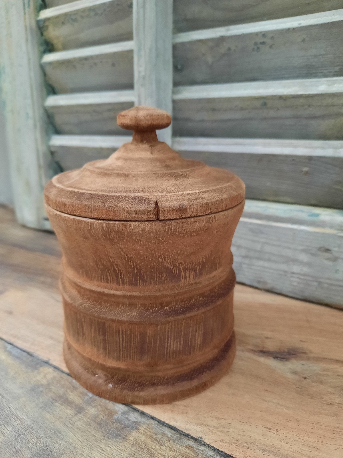 Oude houten tabakspot houten pot potje stoer sober oud, Ophalen, Gebruikt