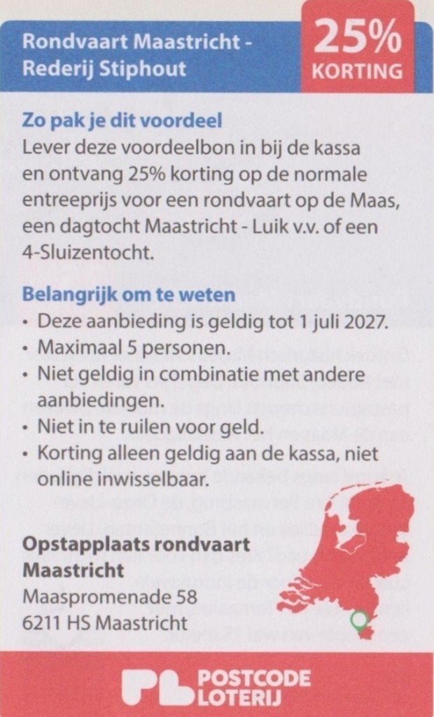 Rondvaart Maastricht - Rederij Stiphout 25% korting., Drie personen of meer, Kortingsbon
