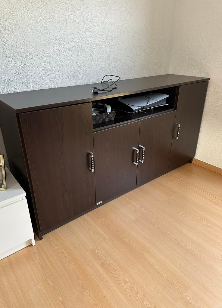 Donkerbruin TV-meubel / dressoir met veel opbergruimte, Ophalen, Gebruikt, 150 tot 200 cm, Minder dan 100 cm