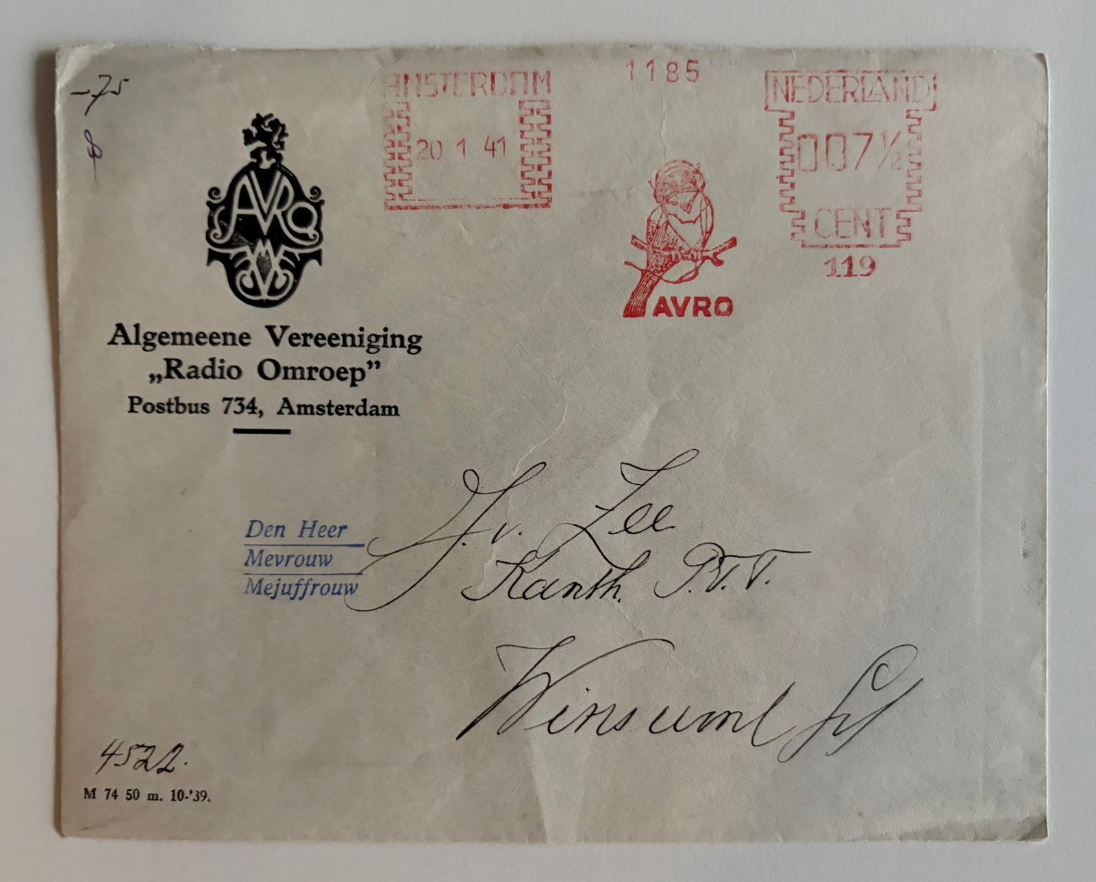 Envelop AVRO 1941 met logo en stempel uiltje, Ophalen of Verzenden, Envelop