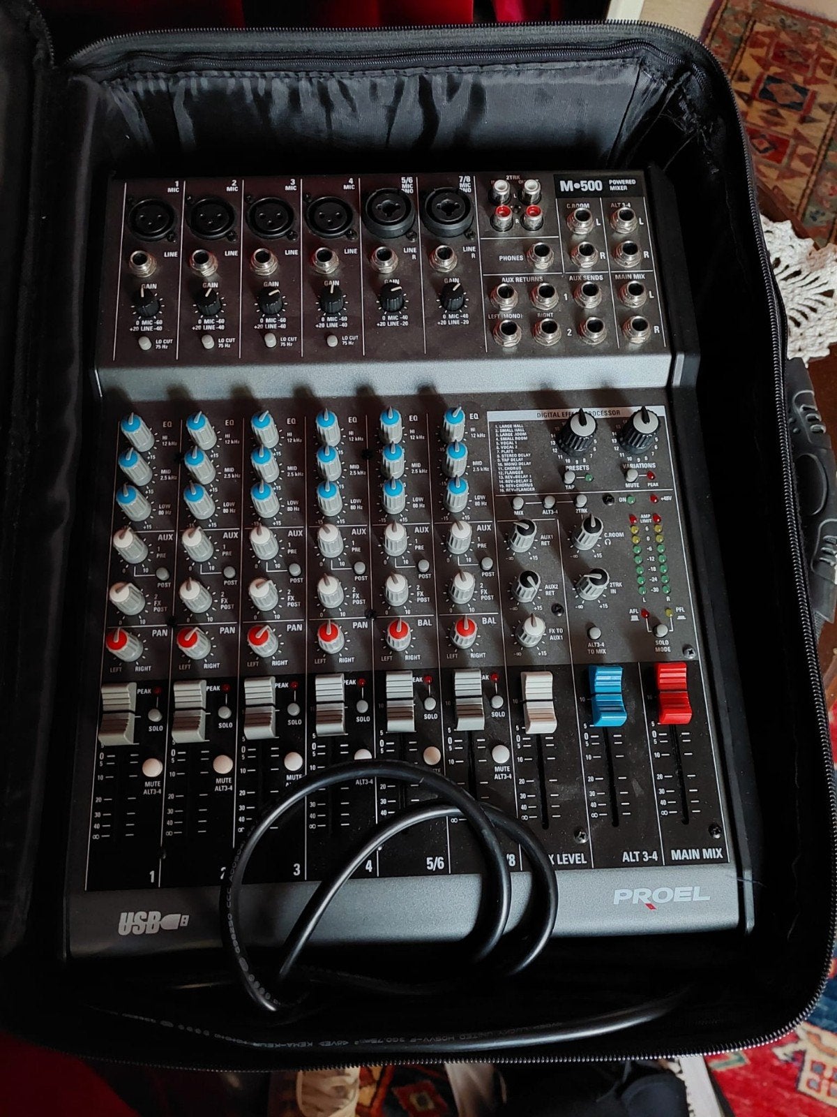 Proel M-500 Powermixer met USB., Ophalen of Verzenden, Zo goed als nieuw, 5 tot 10 kanalen, Microfooningang