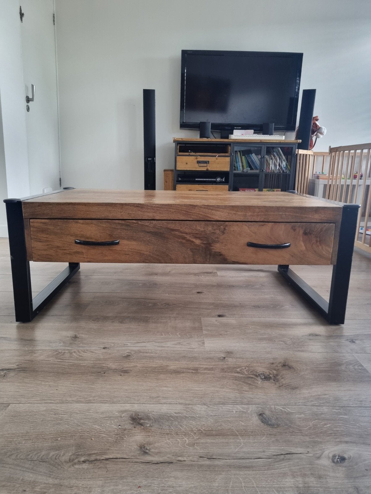 Salontafel 110x65 cm met lades - metaal en hout, Huis en Inrichting, Ophalen, Gebruikt, 100 tot 150 cm, 50 tot 100 cm