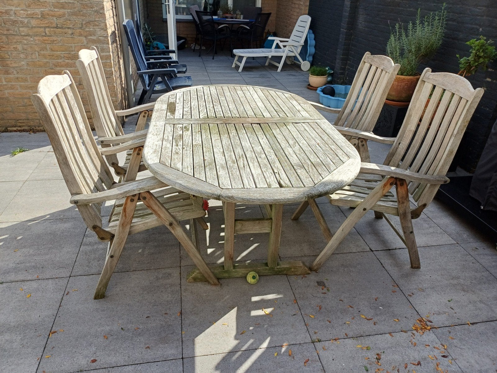Teakhouten tuinset met 4 stoelen en uitschuifbare tafel, Ophalen, 4 zitplaatsen, Gebruikt, Teakhout