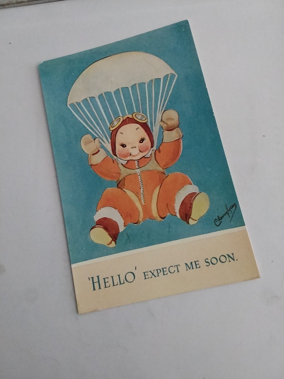 'Hello' Expect Me Soon - Baby Parachute, Ophalen of Verzenden, 1940 tot 1960, Ongelopen