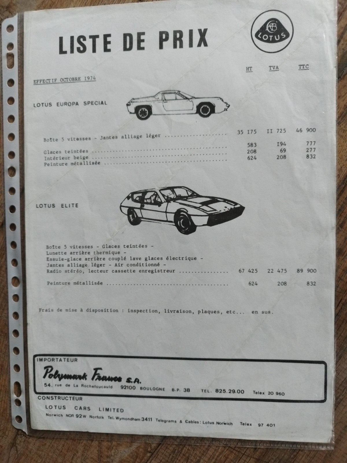 Lotus Prijslijst Oktober 1974 - Europa Special & Elite, Gelezen, Lotus, Ophalen of Verzenden, Overige merken