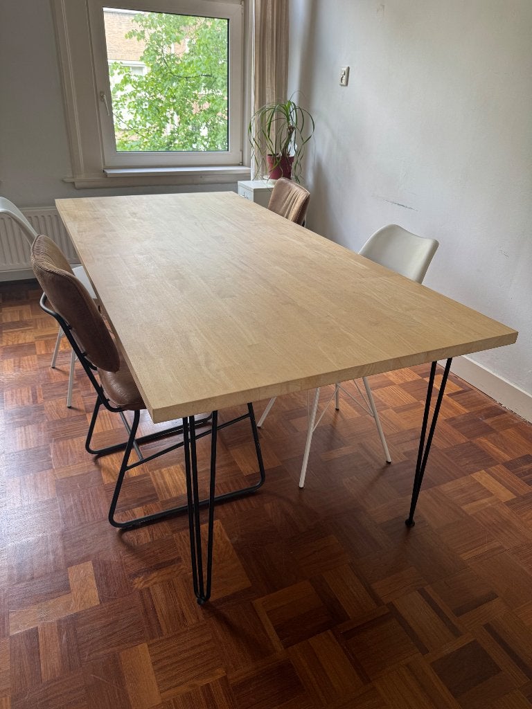 Zware Hardhouten Rubberwood Tafel 200x95x75 Hairpin Poten, Gebruikt, Modern, Industrieel, 200 cm of meer, 50 tot 100 cm