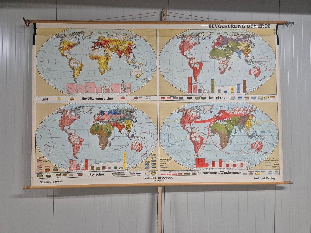 vintage schoolwandkaart "wereldbevolking", Ophalen, Aardrijkskunde