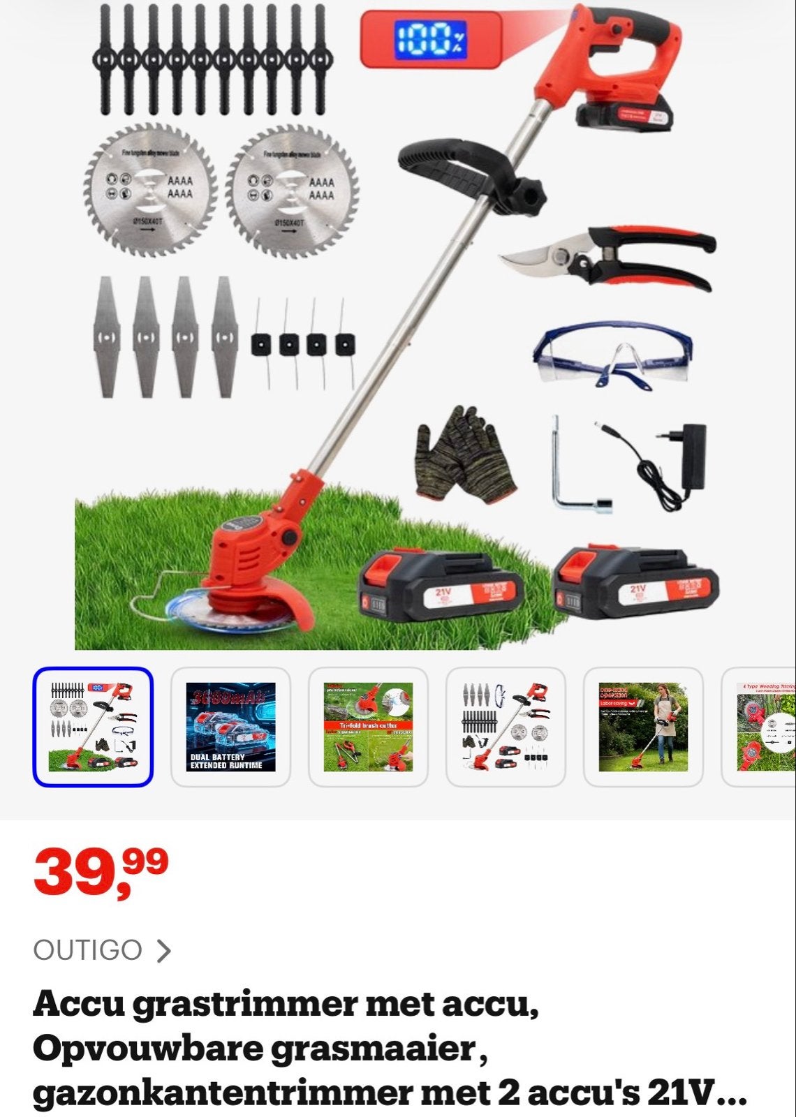 OUTIGO Accu Grastrimmer met 2x 21V Accu's en Accessoires, Ophalen, Nieuw, 30 tot 50 cm, Accu