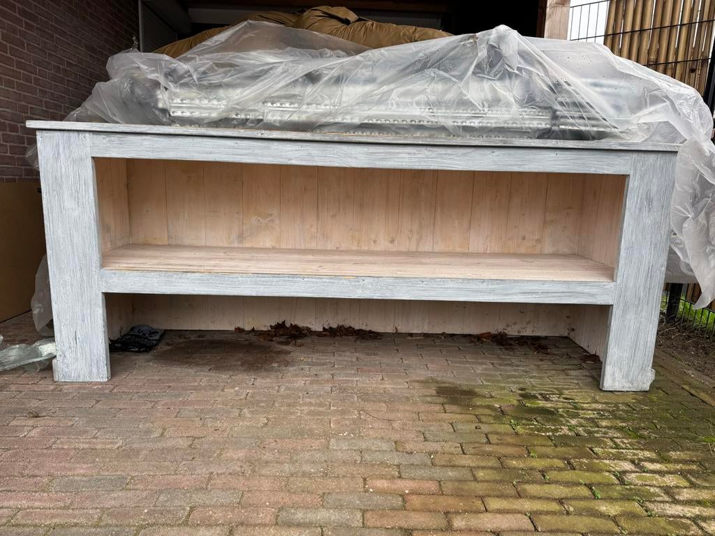 2x Zware, stabiele houten tafels (245x77x100 cm), Huis en Inrichting, Gebruikt, 200 cm of meer, Vijf personen of meer, Rechthoekig