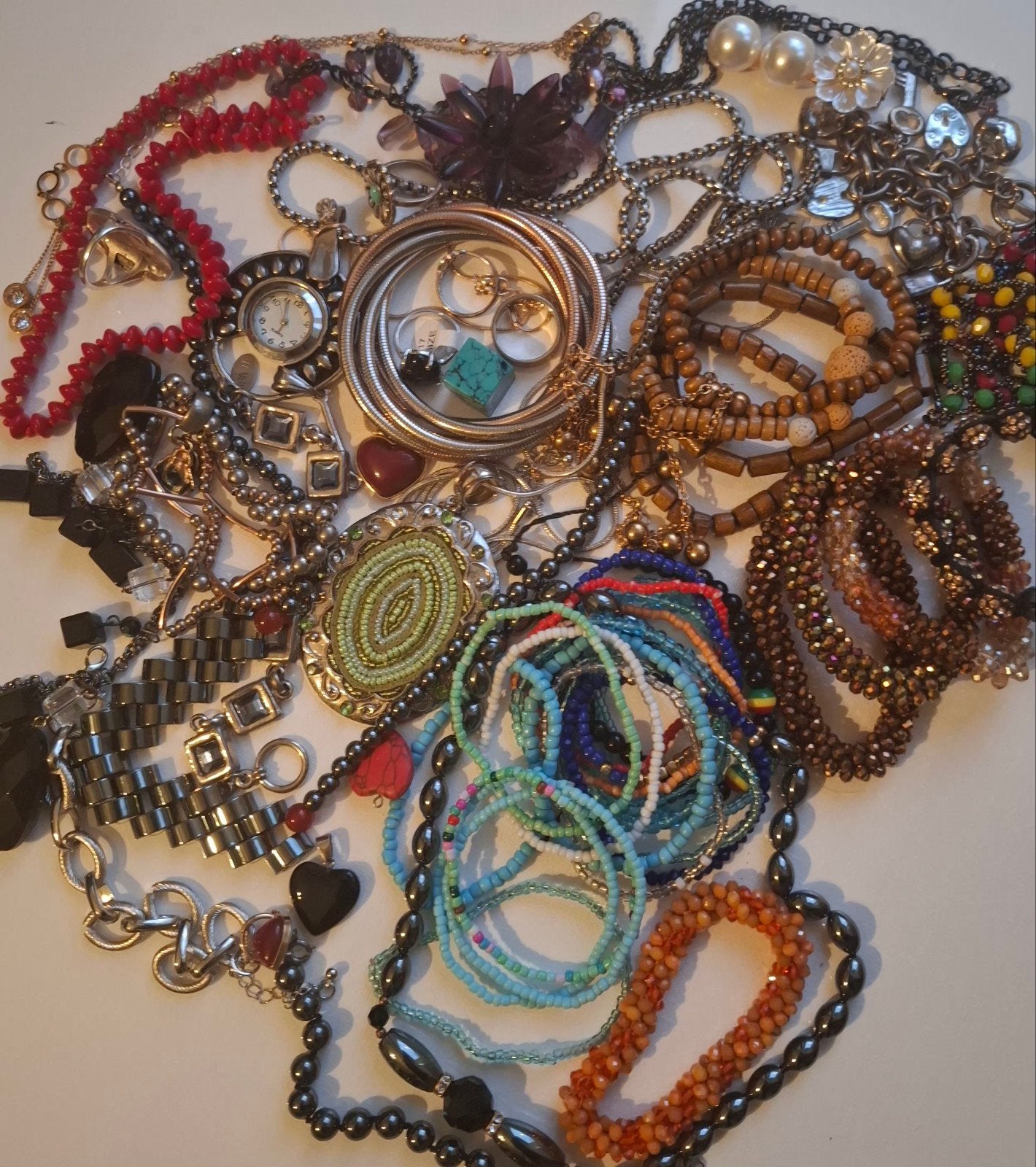Grote partij divers sieraden, kettingen, armbanden en ringen, Overige materialen, Gebruikt, Overige kleuren, Met bedels of kralen