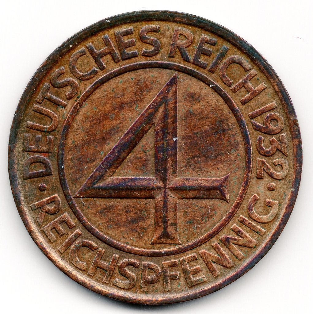 Duitsland: 4 pfennig 1932 A,    Bijna UNC - 1 jaargang -, Ophalen of Verzenden, Duitsland, Losse munt