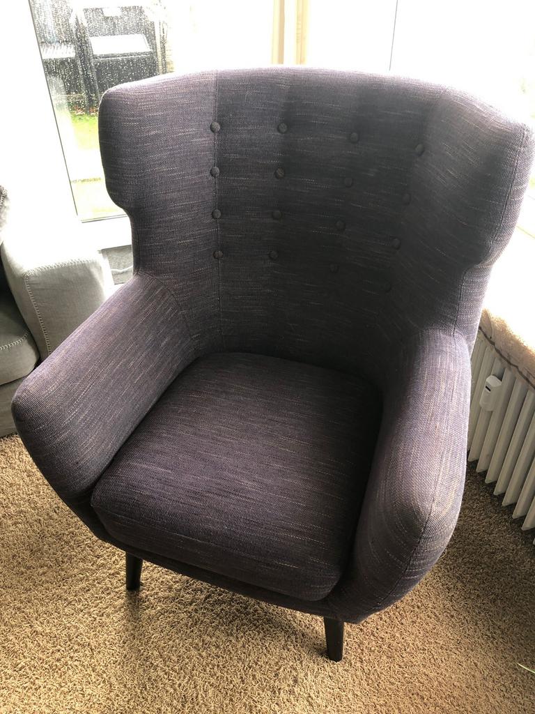Antraciet bergère oorfauteuil met hoge rugleuning stoel, Ophalen, Gebruikt, Minder dan 75 cm, 75 tot 100 cm