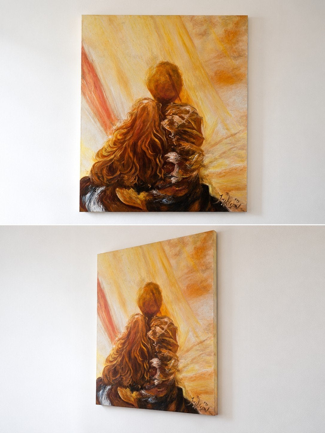 Groot origineel olieverfschilderij op linnen – J. Wilson1975, Ophalen, Figuren, Op houten frame, Olieverf