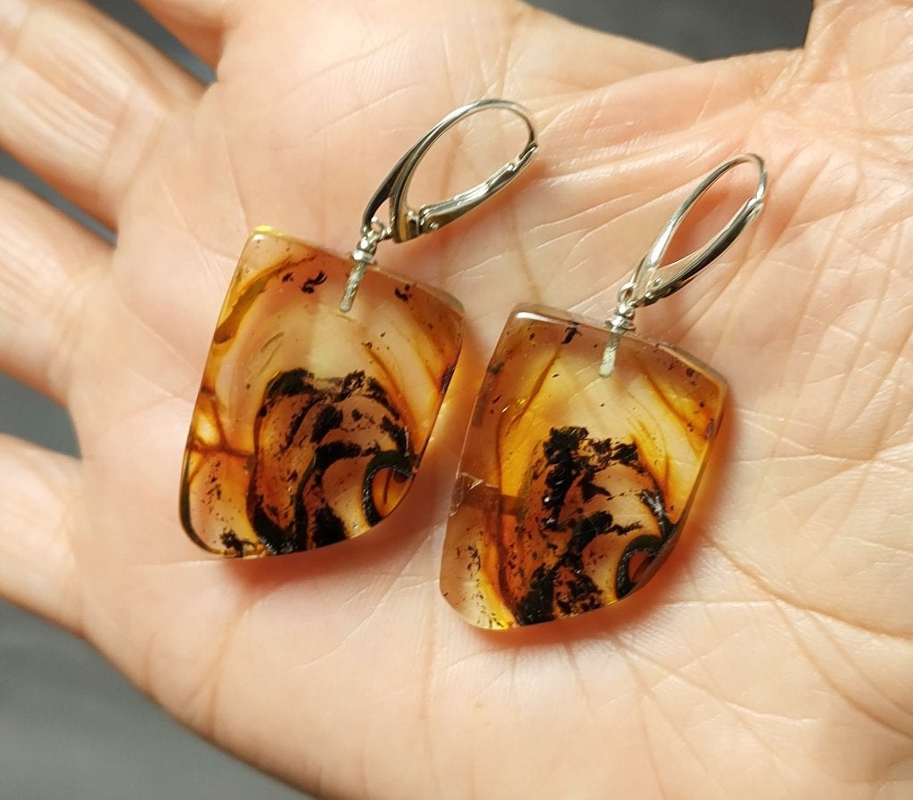 925 zilveren oorbellen met natuurlijke Barnsteen(Amber), O.T., Hangers, Nieuw, Oranje