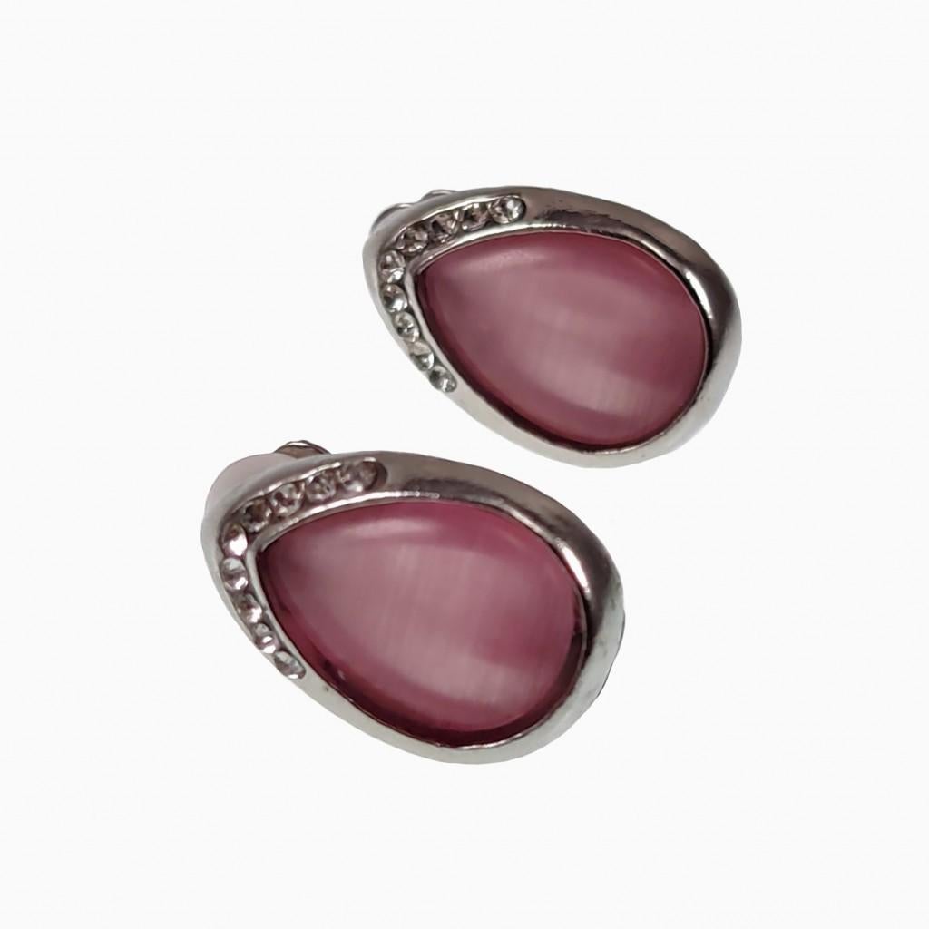 Druppelvorm Clip-on Oorbellen Dames Oorclips + Roze Cabochon, Overige materialen, Birgitta-Gracht 33, 6465 EL Kerkrade, Nederland