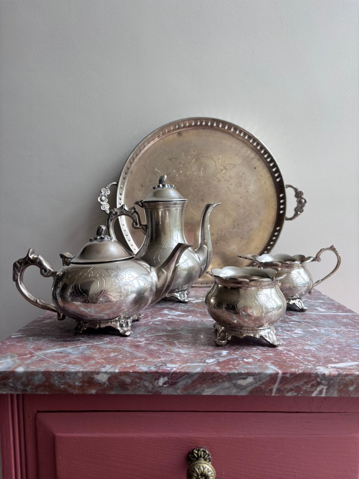 vintage verzilverd koffie theeservies oosters Marrokaans, Ophalen of Verzenden, Zilver