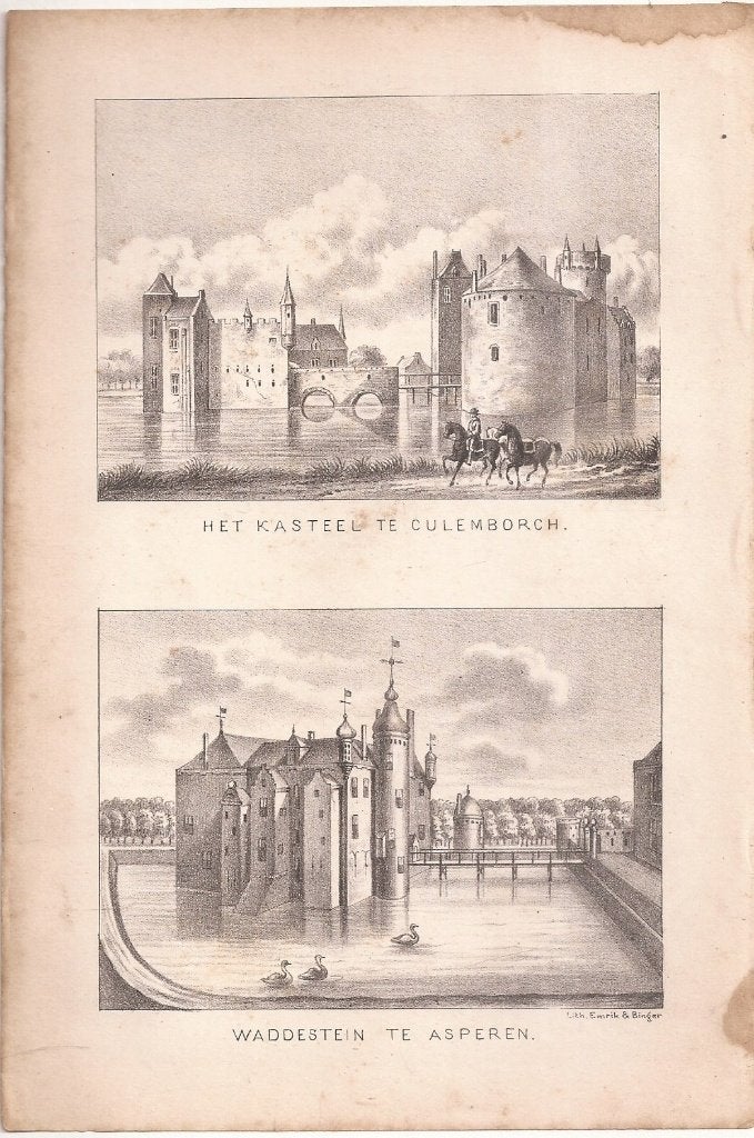 Het Kasteel te Culemborch & Waddestein te Asperen Litho 1875, Antiek en Kunst, 1800 - 1899, Architectuur, Ophalen of Verzenden