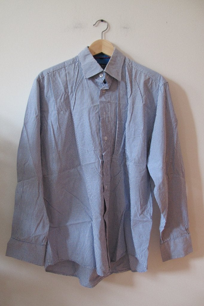 blauw-wit geruit herenoverhemd L, Kleding | Heren, Blauw, Ophalen of Verzenden, Zo goed als nieuw, Halswijdte 41/42 (L)