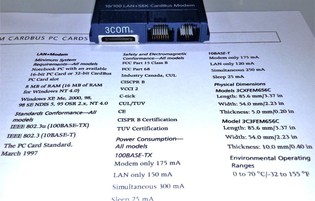 3Com 3C3FEM656 C PCMCIA netwerkkaart LAN 56K Xjack PC Card, Ophalen of Verzenden, Nieuw, Extern, 3Com