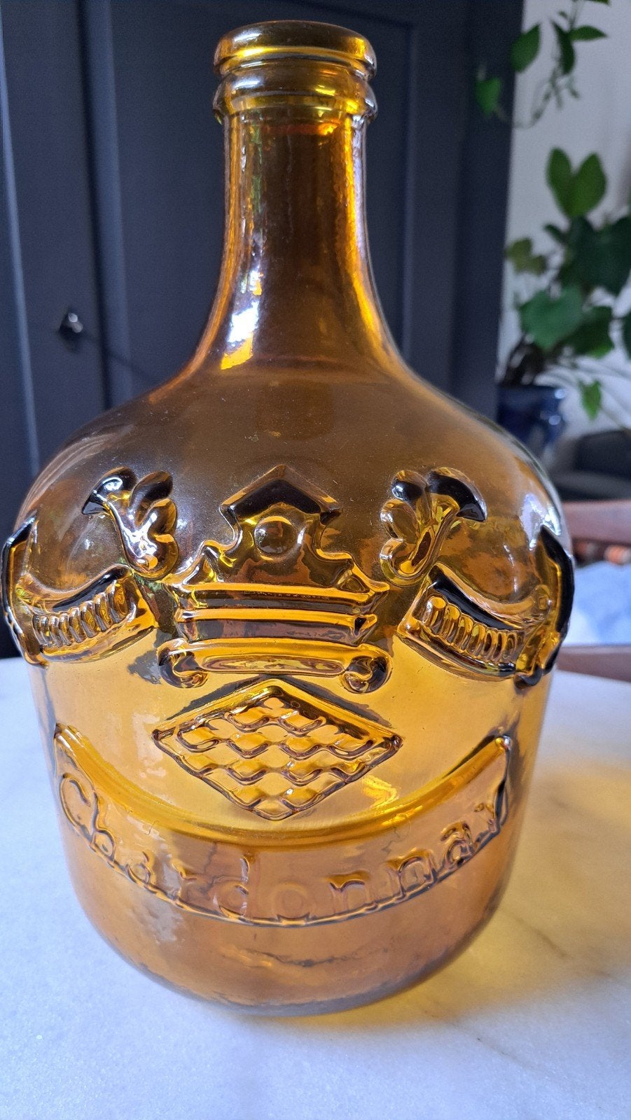 Vintage Vaas / Karaf Chardonnay - oker glas groot model, Gebruikt, 30 cm, Geel, Ophalen of Verzenden