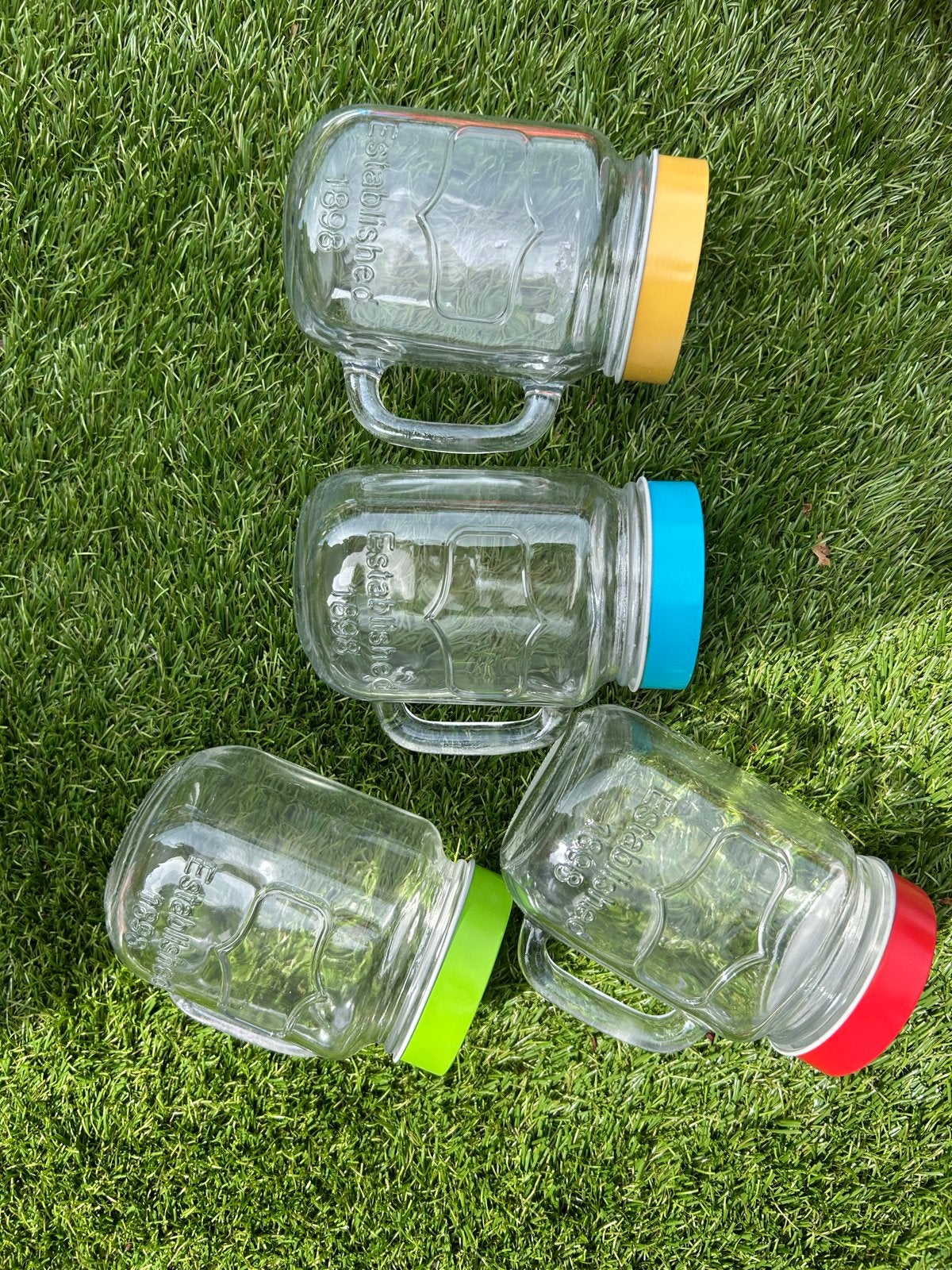 Milkshake bekers met handvat en gekleurde deksels, Ophalen of Verzenden, Meerkleurig, Glas, Overige typen