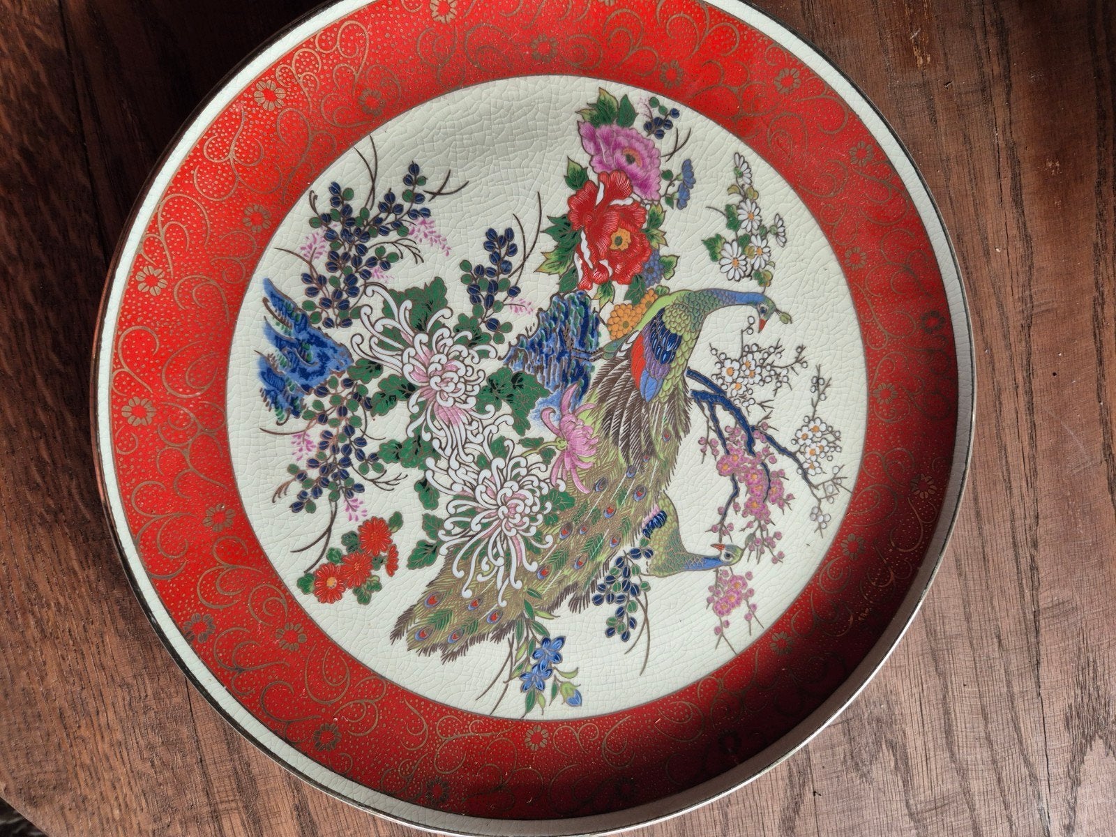 Vintage Satsuma Japan decoratief bord met pauwen, Antiek en Kunst, Antiek | Wandborden en Tegels, Ophalen of Verzenden