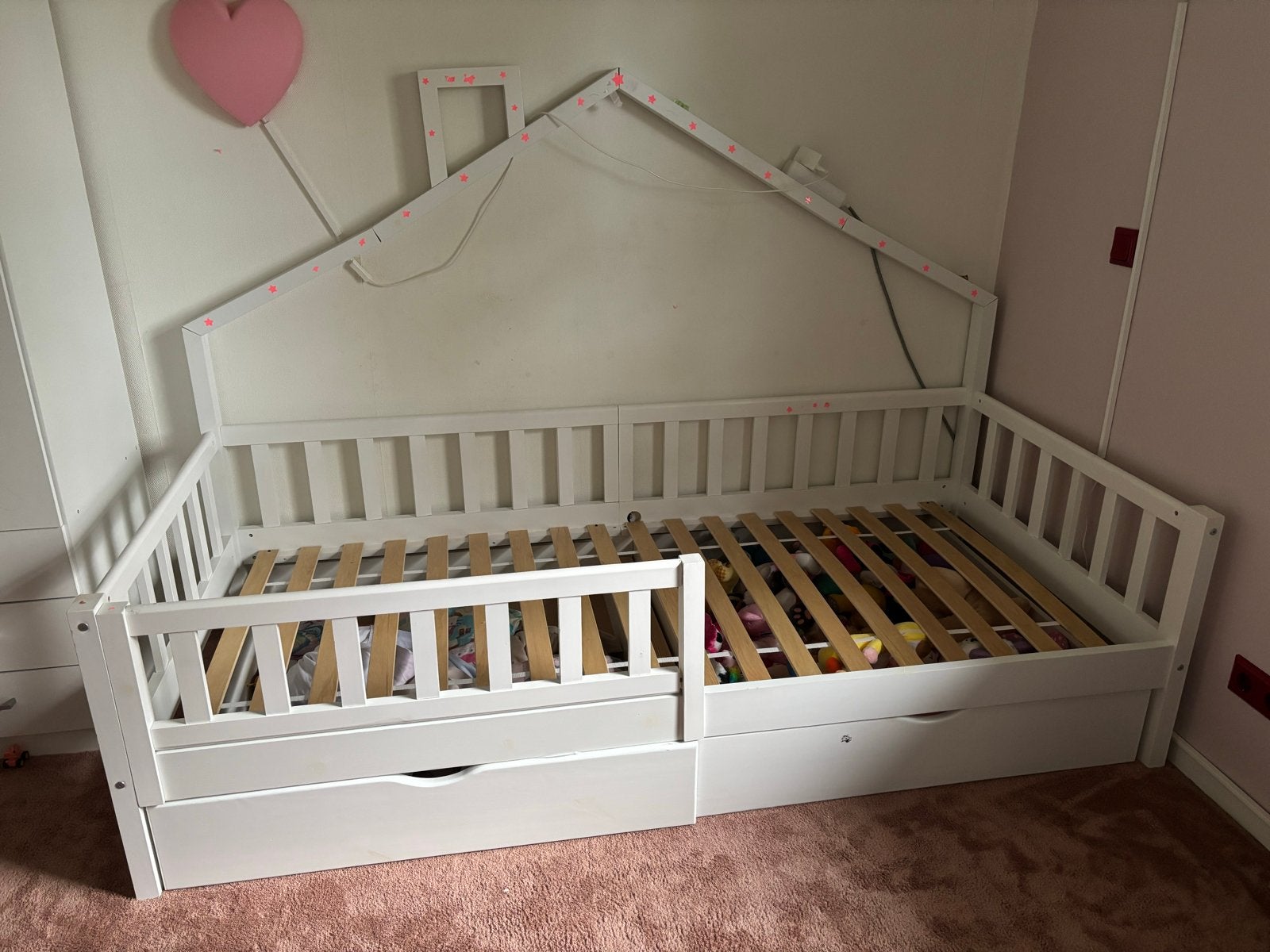 Eenpersoons bed 90x200 met lades en optioneel hekje, Kinderen en Baby's, Ophalen, 85 tot 100 cm, Gebruikt, Lattenbodem