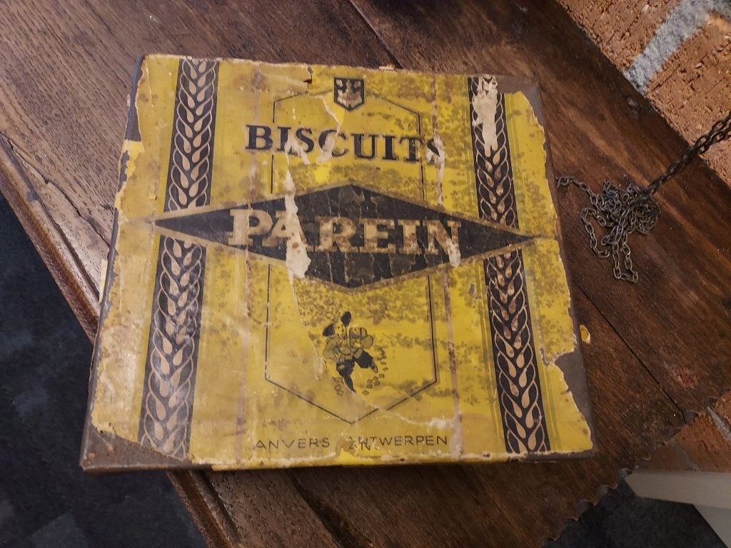 Antieke blikken winkelvoorraad trommel, merk Parein., Verzenden, Gebruikt, Koek(jes)