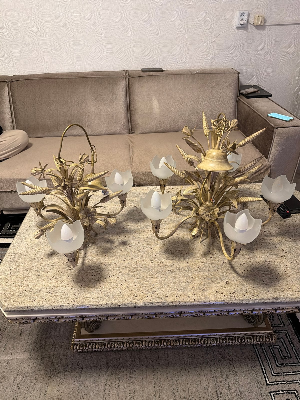 Set van 2 Vintage Gouden Kroonluchters, Antiek en Kunst, Ophalen